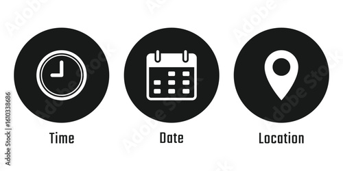 Time, date, address icons set. Address or location icon. Stopwatch, time, clock timer icon. Calendar icon. Black line and flat style web icons. Vector illustration