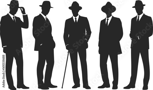 Silhouette of men in suits, vintage style, classic hats, retro fashion, gentleman standing, business formal attire
