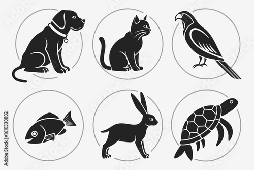 Diverse animal silhouettes including dog, cat, fish, rabbit, parrot