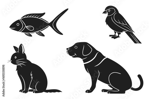 A collection of black animal icons on a plain white background