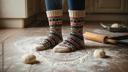 A person in thick, patterned socks stands on a wooden floor amidst a baking mess of flour and dough.