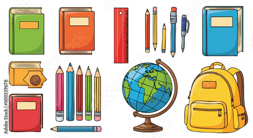 Illustration of school supplies including books, pencils, ruler, globe, and backpack, arranged on a white background.