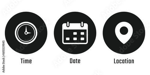 Time, date and location icons. Calendar icon symbol, clock sign, location pin signs. Vector illustration.