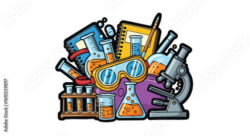 Illustration of science lab equipment including beakers, test tubes, microscope, safety goggles, and notebook.