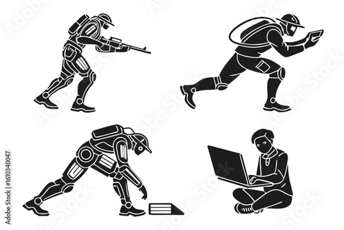 Futuristic soldiers and a person with a laptop