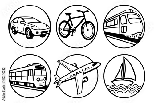 Circular icons of diverse transportation vehicles