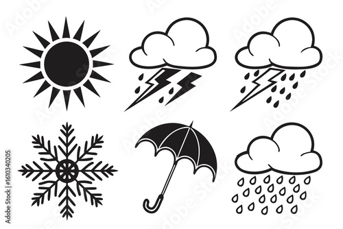Collection of filled weather icons for sun, clouds, rain, and snow