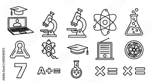 Line art icons depicting education and science, including a laptop, microscope, atom, flask, graduation cap, diploma, and mathematical symbols.