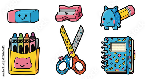 A collection of cute cartoon school supplies including an eraser, sharpener, crayons, scissors, notebook, and pencil topper.