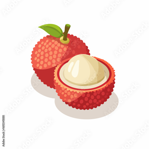Vibrant depiction of a ripe lychee fruit, showcasing its textured skin and translucent flesh