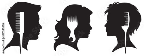Silhouettes of three heads with hair styling tools in black and white graphic design style art work