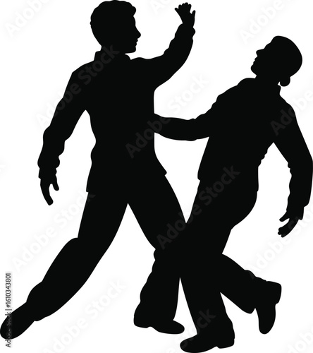 Silhouette of two men fighting, conflict or self-defense action scene, physical confrontation, isolated vector illustration on white