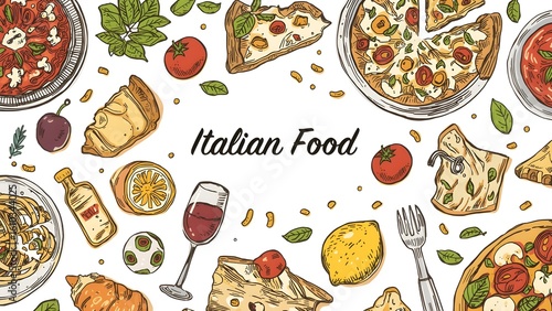 Hand drawn italian food set. Mediterranean lunch and dinner icons in doodle style. Pasta, olive, pizza, cheese, tomato, lemon, wine. Dolce vita aesthetics. Perfect for print, design menu, sticker. 