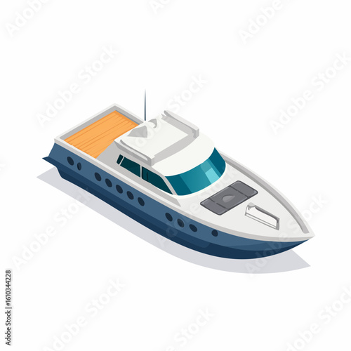 Isometric depiction of a modern luxury yacht gliding on water, seen from an aerial view