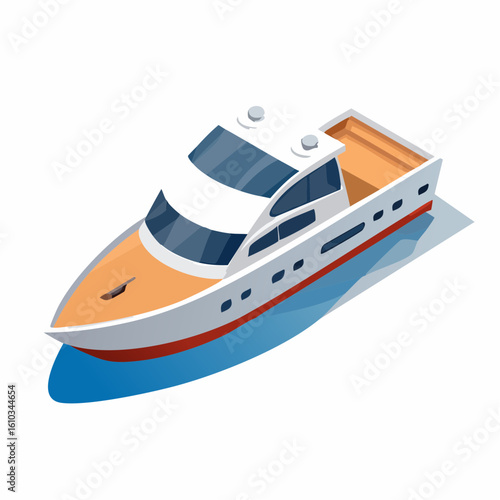 Isometric yacht illustration with white cabin and orange hull on a blue shadow