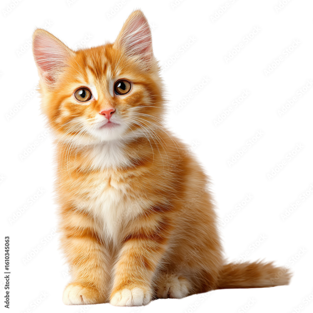 Obraz premium Adorable orange tabby kitten with bright eyes sitting and looking forward isolated on transparent background