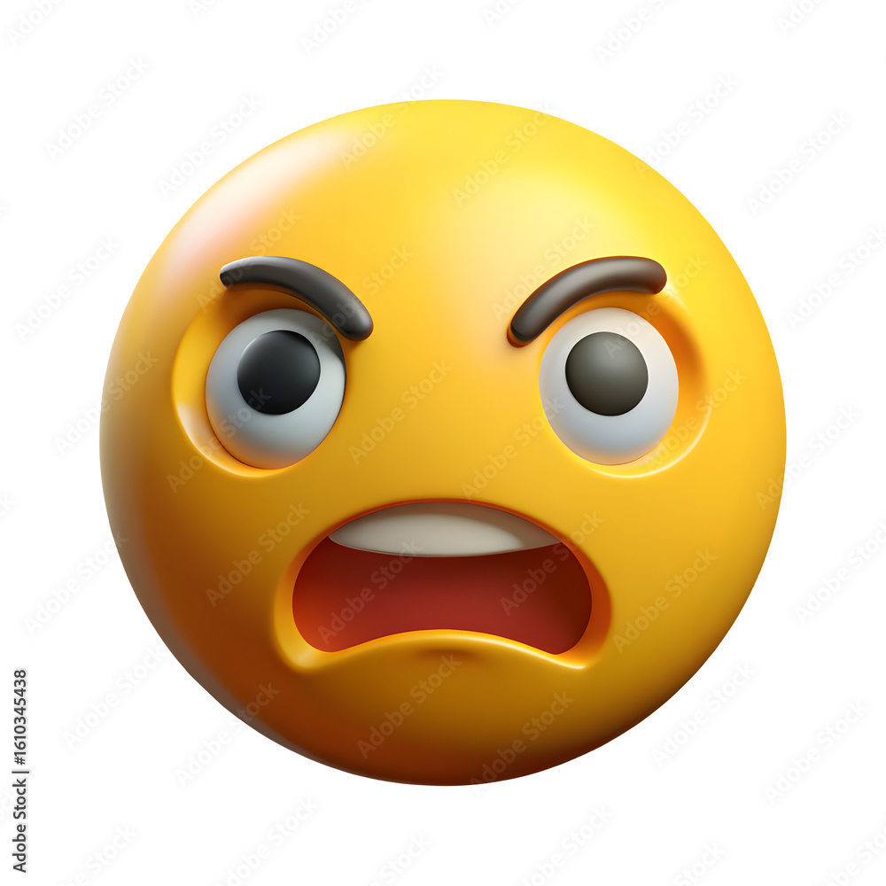 Fototapeta premium Angry yellow emoji face with open mouth and furrowed brows