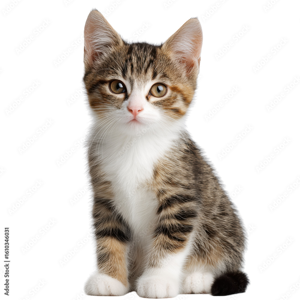 Obraz premium Adorable tabby kitten sitting and looking forward with curious eyes isolated on transparent background