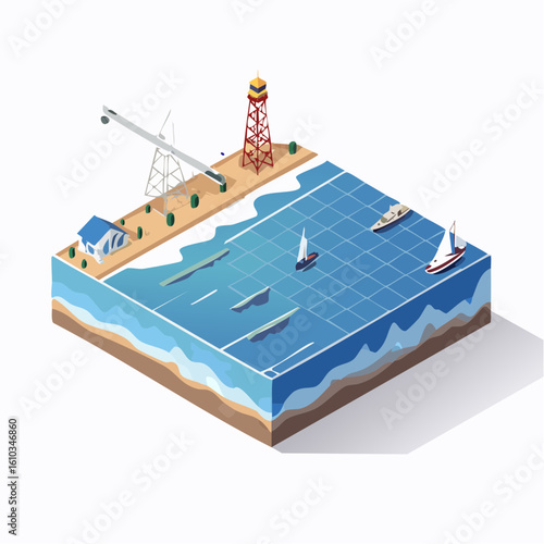 Isometric coastal scene featuring sailboats, lighthouse, crane and sandy beach environment