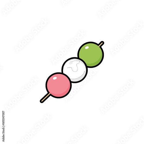 A colorful illustration of three dango mochi balls on a wooden skewer.
