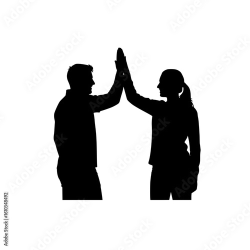 Two people giving high five, vector silhouette illustration symbolizing teamwork, achievement, and collaboration