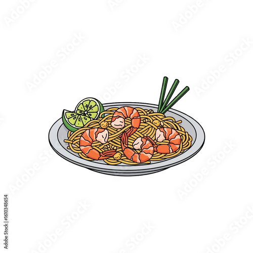 Illustration of Pad Thai noodles with shrimp, lime wedge, and green onions served on a plate.