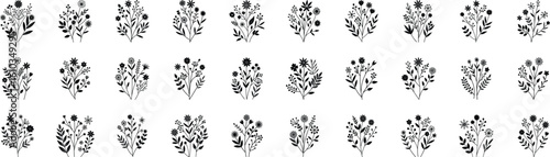 Collection of TwentyFour Black and White Floral Bouquets with Leaves and Various Flower Types