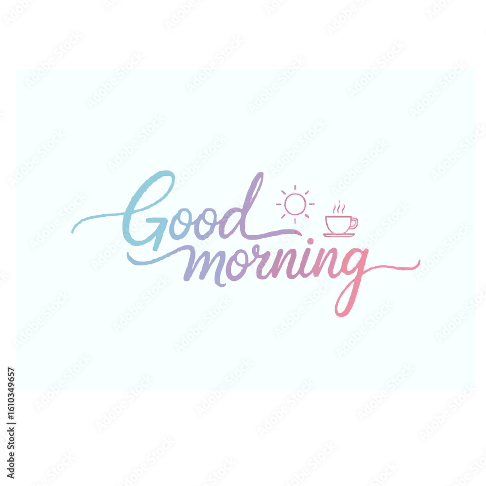 Fototapeta premium Soft pastel handwritten “Good Morning” greeting with sun icon, suitable for motivational prints, digital messages, or social media inspiration.