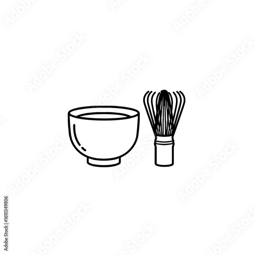 Simple black and white illustration of a matcha bowl and whisk.