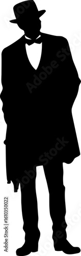 Gentleman standing pose with fedora hat silhouette