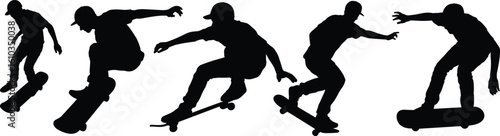 Skateboarders jumping, silhouette tricks, extreme sport, skateboarding action, black figures, white background, vector motion, youth culture, freestyle moves