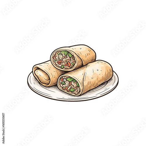 Three crispy spring rolls served on a small white plate, showcasing savory filling.