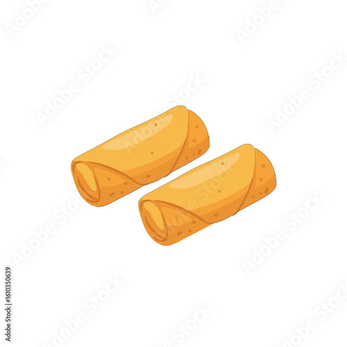 Two golden-brown spring rolls are depicted against a white background, showcasing their crispy texture and cylindrical shape.