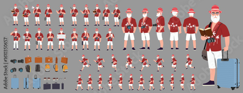 Traveler character model sheet, Character poses, expressions, Walk cycle, Run cycle animated character sequences.