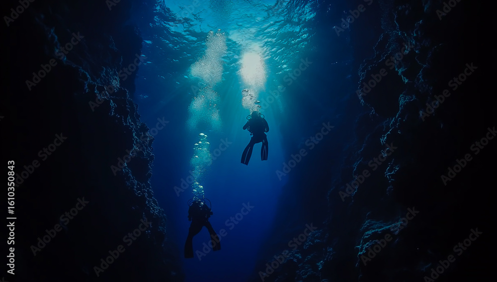 Two divers are exploring the deep blue sea, surrounded by vibrant coral reefs and a variety of marine life visible through the bubbles of their equipment. Two divers are exploring the deep blue sea, surrounded by vibrant coral reefs and a variety of marine life visible through the bubbles of their equipment.