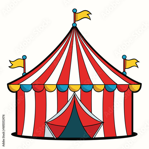 A colorful circus tent with a flag atop its peak, set against a clear blue sky