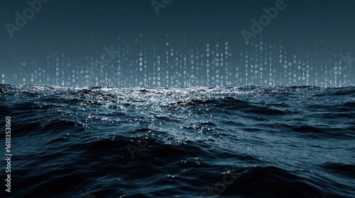 Digital rain over dark ocean waves