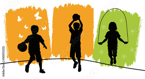 Stylized black silhouettes of active children playing, including boys with a basketball and a girl jumping rope.