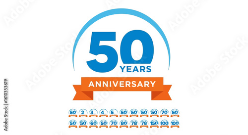 Blue 50 Years Anniversary Logo with Orange Ribbon and Number Variations