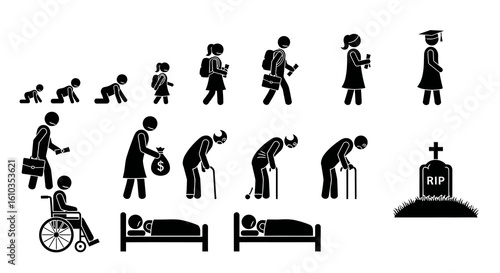 Black Silhouette Stick Figures Depicting Human Life Stages from Infancy to Death, Showing Development