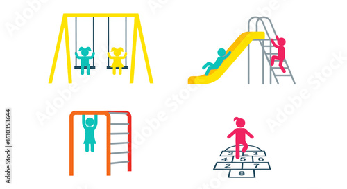 Colorful Children's Playground Activities: Swings, Slide, Monkey Bars, and Hopscotch