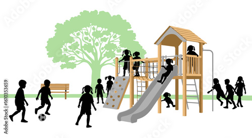 Silhouette of Children Playing in a Park Playground
