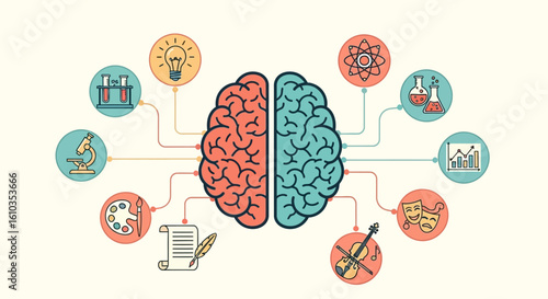 Illustrated Human Brain Divided into Two Hemispheres, Connected to Icons Representing Diverse Cognitive Functions and Creative Activities
