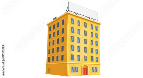 Tall yellow apartment building illustration with a blank rooftop billboard and red arched door.