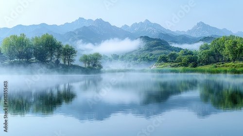 Misty mountain lake landscape