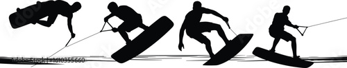 Wakeboarding silhouettes, extreme water sport, jumping action, riding waves, wakeboard tricks, water adventure, sport scene, black silhouettes illustration