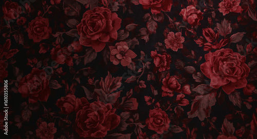 A dense floral pattern featuring deep red roses and foliage against a dark, almost black, background creating a vintage, romantic, and slightly gothic aesthetic.