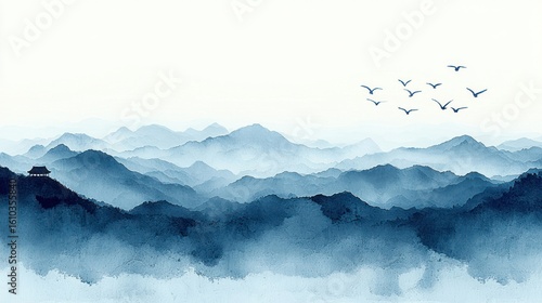 Misty mountain landscape painting