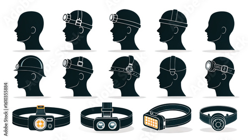 Black Head Torch and Headlight, Headlamp Silhouettes Vector Icon Set, Equipment Illustrations