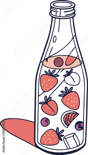 Fruit Infused Water Bottle with Strawberries and Berries – Hand-Drawn Vector Illustration